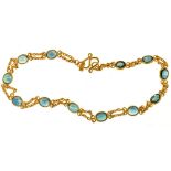 A SAPPHIRE BRACELET, THE TEAL BLUE SAPPHIRES SET IN GOLD MARKED 15C, 3G++IN GOOD CONDITION