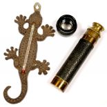 A CAST IRON REPTILE NOVELTY WALL HANGING THERMOMETER, 22CM H, C1900, A PULLIN ENLARGING LENS AND A