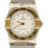 AN OMEGA STAINLESS STEEL CONSTELLATION LADY'S WRISTWATCH, THE ROUND DIAL 16 MM APPROX, GILT BEZEL,