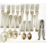 MISCELLANEOUS SILVER FLATWARE AND A PAIR OF SILVER HAFTED NUT CRACKERS, VICTORIAN AND LATER, 28OZS