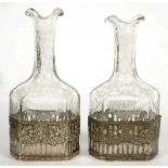 A PAIR OF GEORGE V SILVER MOUNTED LIQUER BOTTLES OF DOUBLE LIPPED FORM, 17 CM H, IMPORT MARKED
