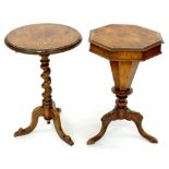 A VICTORIAN CARVED WALNUT OCTAGONAL WORK TABLE, 75CM H AND A WALNUT TRIPOD TABLE ON SPIRAL TURNED