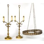 A PAIR OF BRASS TWIN BRANCH CANDELABRA, 80CM H AND A BRASS CHANDELIER, 47CM D