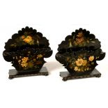 A PAIR OF VICTORIAN FLORAL PAINTED PAPIER MACHE LETTER RACKS ON RECTANGULAR BASE AND BUN FEET,