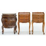 A CARVED WALNUT SERPENTINE COMMODE, 66CM H X 52CM W AND A PAIR OF MAHOGANY SERPENTINE BEDSIDE