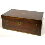 A MID VICTORIAN BRASS INLAID ROSEWOOD WRITING BOX WITH FITTED INTERIOR, INCLUDING A PAIR OF CUT