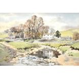 E. CHARLES-SIMPSON (YORKSHIRE ARTIST, 1915-2007), WHARFEDALE, SIGNED, WATERCOLOUR, 36 X 55CM