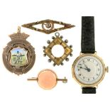 A 9CT GOLD AND ENAMEL CRICKET MEDALLION, BIRMINGHAM 1919, A 9CT GOLD LADY'S WRISTWATCH, LONDON 1930,