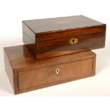 A VICTORIAN ROSEWOOD WRITING BOX WITH FITTED INTERIOR, 35CM L AND A MAHOGANY BOX WITH DRAWER