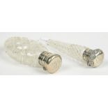 TWO SILVER MOUNTED GLASS SCENT BOTTLES, ONE WITHOUT STOPPER, LARGEST 11.5 CM L, ONE MARKED STERLING,