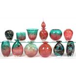 A SMALL COLLECTION OF MALTESE PHOENICIAN GLASSBLOWERS, VASES AND A BOTTLE AND STOPPER, VARIOUS