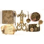 MISCELLANEOUS BRASS SKELETON CLOCK PARTS, LONGCASE AND OTHER CLOCK MOVEMENTS AND PARTS, VICTORIAN