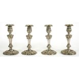 A SET OF FOUR SHEFFIELD PLATE CANDLESTICKS, 20 CM H, C1830++TARNISHED AND WORN