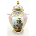 A HELENA WOLFSOHN PORCELAIN JAR AND COVER, PAINTED WITH PANELS OF FIGURES OR PINK GROUND FLORAL