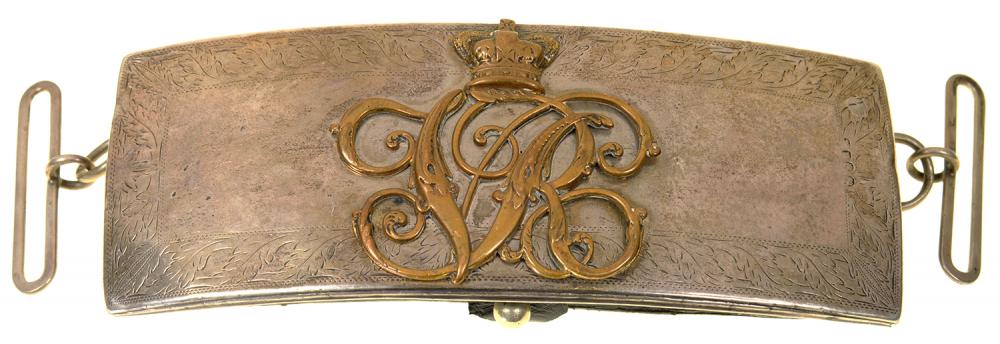 A VICTORIAN SILVER MOUNTED OFFICER'S CROSSBELT POUCH, 19 CM W, LONDON INDISTINCT DATE LETTER,