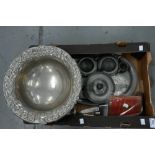 AN ARTS AND CRAFTS STYLE PEWTER THREE PIECE TEA SERVICE ON TRAY AND MISCELLANEOUS OTHER METALWARE,