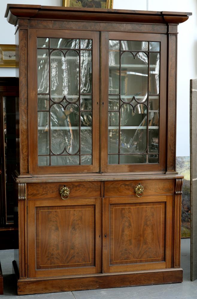 A VICTORIAN MAHOGANY BOOKCASE, THE UPPER PART WITH GLAZED DOORS, 218CM H, 133CM W