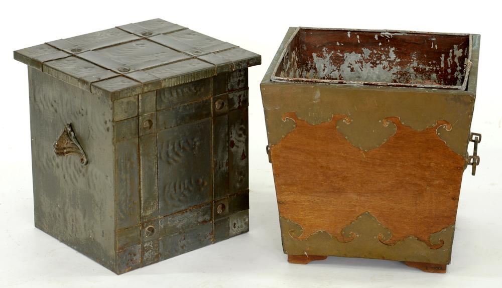 A BRASS MOUNTED MAHOGANY LOG BIN WITH TIN LINER, 37CM H, EARLY 20TH C AND ANOTHER, SIMILAR, A CARVED