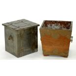 A BRASS MOUNTED MAHOGANY LOG BIN WITH TIN LINER, 37CM H, EARLY 20TH C AND ANOTHER, SIMILAR, A CARVED