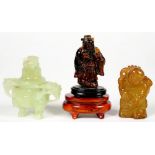 A CHINESE MINIATURE BOWENITE TRIPOD VESSEL AND COVER, 7CM H, A CHINESE STONE CARVING OF TWO BOYS AND
