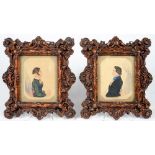 ENGLISH NAIVE ARTIST, 19TH C - PORTRAIT MINIATURES OF A LADY AND GENTLEMAN, HALF LENGTH, SEATED IN