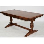 A CARVED OAK DRAW LEAF DINING TABLE AND A SET OF SIX OAK DINING CHAIRS, INCLUDING TWO ELBOW