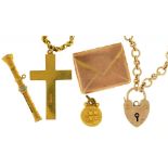 MISCELLANEOUS GOLD JEWELLERY INCLUDING A 9CT GOLD CROSS ON VICTORIAN GOLD CHAIN MARKED 9C, A GOLD