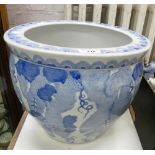 A CHINESE STYLE EARTHENWARE BLUE AND WHITE FISH BOWL, 29CM H, 35CM D