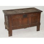 AN 18TH C PANELLED OAK CHEST, 62CM H; 103 X 50CM, LATER CARVED