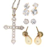 A 9CT GOLD CROSS ON WHITE GOLD CHAIN AND THREE PAIRS OF GOLD EARRINGS, MARKED 9K OR 375++GENERAL