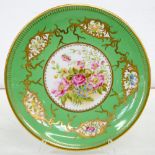 A DERBY DECORATED PLATE, PAINTED BY WILLIAM ROUSE WITH FLOWERS ON AN APPLE GREEN GROUND WITH