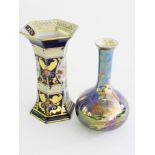 A FIELDING'S CROWN DEVON LUSTRINE BOTTLE SHAPED VASE, 15CM H, GILT PRINTED MARK AND AN A. G.