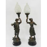 A PAIR OF FRENCH FIN DE SIECLE RUSTIC FIGURAL LAMPS, EACH HOLDING A TORCH WITH FROSTED GLASS
