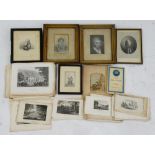 A QUANTITY OF 19TH C PRINTS, DRAWINGS, EPHEMERA, ETC, SEVERAL FRAMED