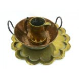 A BRASS JUG AND TRAY, A BEATEN COPPER BOWL WITH PAIR OF IRON LOOP HANDLES, 33CM D AND