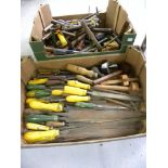 WOOD WORKING TOOLS. A COLLECTION OF HAND TOOLS, INCLUDING CHISELS, FILES, HAMMERS, ETC