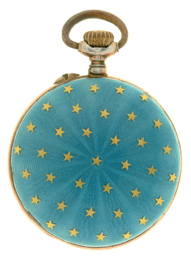 A SWISS SILVER AND GILT LADY'S POCKET WATCH, TURQUOISE ENAMELLED CASE WITH GOLD STAR MOTIFS, 2.8CM - Image 2 of 2