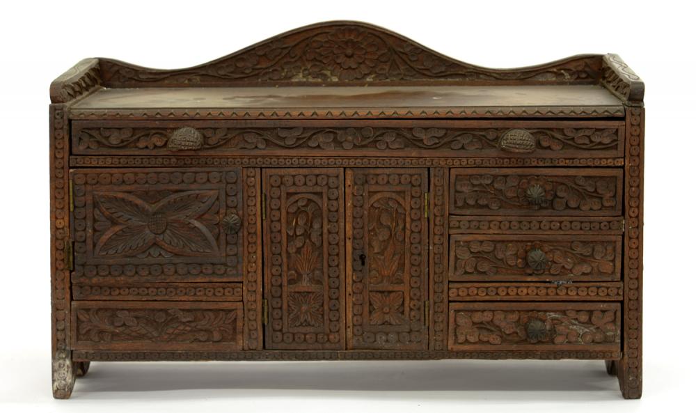 AN INDIAN CARVED HARDWOOD TABLE TOP CABINET, EARLY 20TH C, 38CM H; 60 X 23CM , AN INLAID MAHOGANY