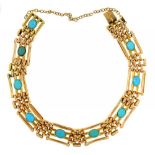 A TURQUOISE SET GOLD GATE BRACELET, MARKED 15C, 20G++LIGHT WEAR CONSISTENT WITH AGE