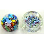 TWO GLASS PAPERWEIGHTS, COMPRISING A FACETED MILLEFIORI MUSHROOM WEIGHT WITH LATTICINO CORDON AND