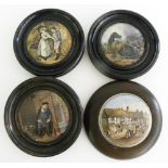 NINE F&R PRATT COLOUR PRINTED POT LIDS, VARIOUS SUBJECTS AND SIZES, C1860, ALL FRAMED