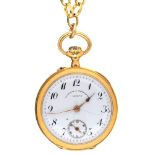 A VACHERON ET CONSTANTIN GOLD CYLINDER LADY'S WATCH, GOLD CUVETTE MARKED 18C, ON GOLD CHAIN MARKED