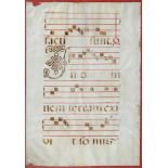 TWO LEAVES FROM AN EARLY 17TH C ANTIPHONAL, PARCHMENT, 82 X 55CM AND CIRCA, FRAMED AS A PAIR