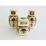 A ROYAL CROWN DERBY IMARI PATTERN CONDIMENT SET, 9.5CM H AND SMALLER, PRINTED MARK, LATE 20TH C