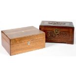 A VICTORIAN ROSEWOOD WRITING BOX, 30CM L AND A CHINESE CARVED CAMPHOR WOOD BOX