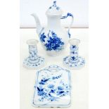 A PAIR OF ROYAL COPENHAGEN BLUE AND WHITE DWARF CANDLESTICKS, A COFFEE POT AND COVER AND A TABLET,