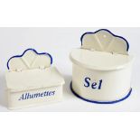 TWO FRENCH BLUE AND WHITE JAPANNED WALL HANGING SALT AND MATCHES BOXES, 16CM L AND SMALLER