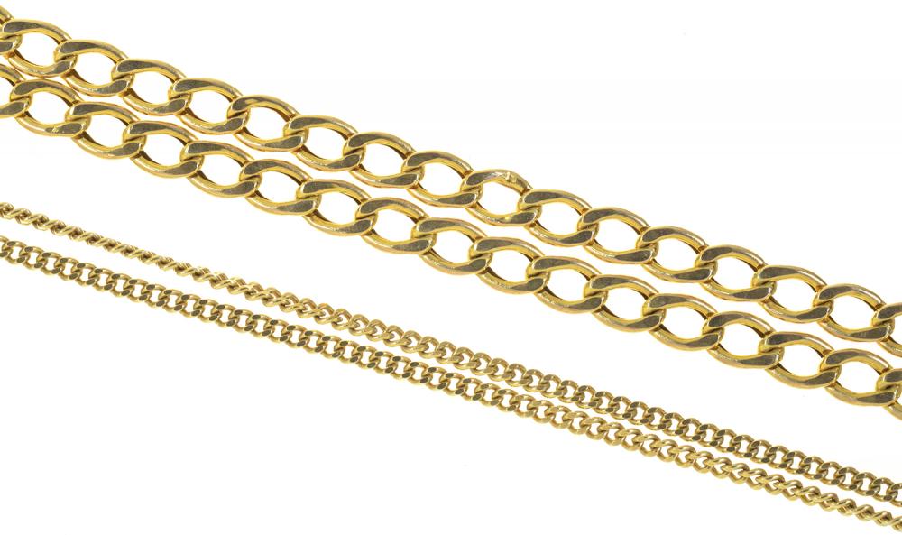 TWO GOLD CHAINS, CURB LINK AND TRACE, MARKED 375, 6.5G++LIGHT WEAR CONSISTENT WITH AGE