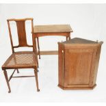 A OAK SIDE TABLE, 74CM H, AN OAK CORNER CUPBOARD, 73CM H AND A MAHOGANY SALON CHAIR WITH CANED SEAT