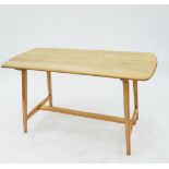 AN ASH KITCHEN TABLE ON SQUARE TAPERING LEGS AND STRETCHER BASE AND A SET OF FOUR CHAIRS